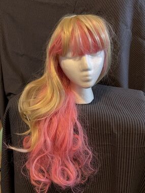 Blonde and Pink Long Wavy Women's Wig with Bangs